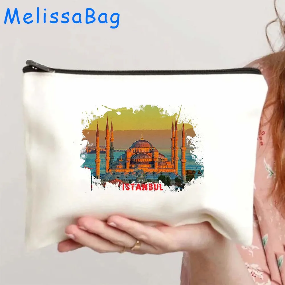 Istanbul Turkey Turkish Palestine Jerusalem Madrid Spain Watercolor Painting Canvas Cosmetic Makeup Bag Pencil Case Zipper Pouch