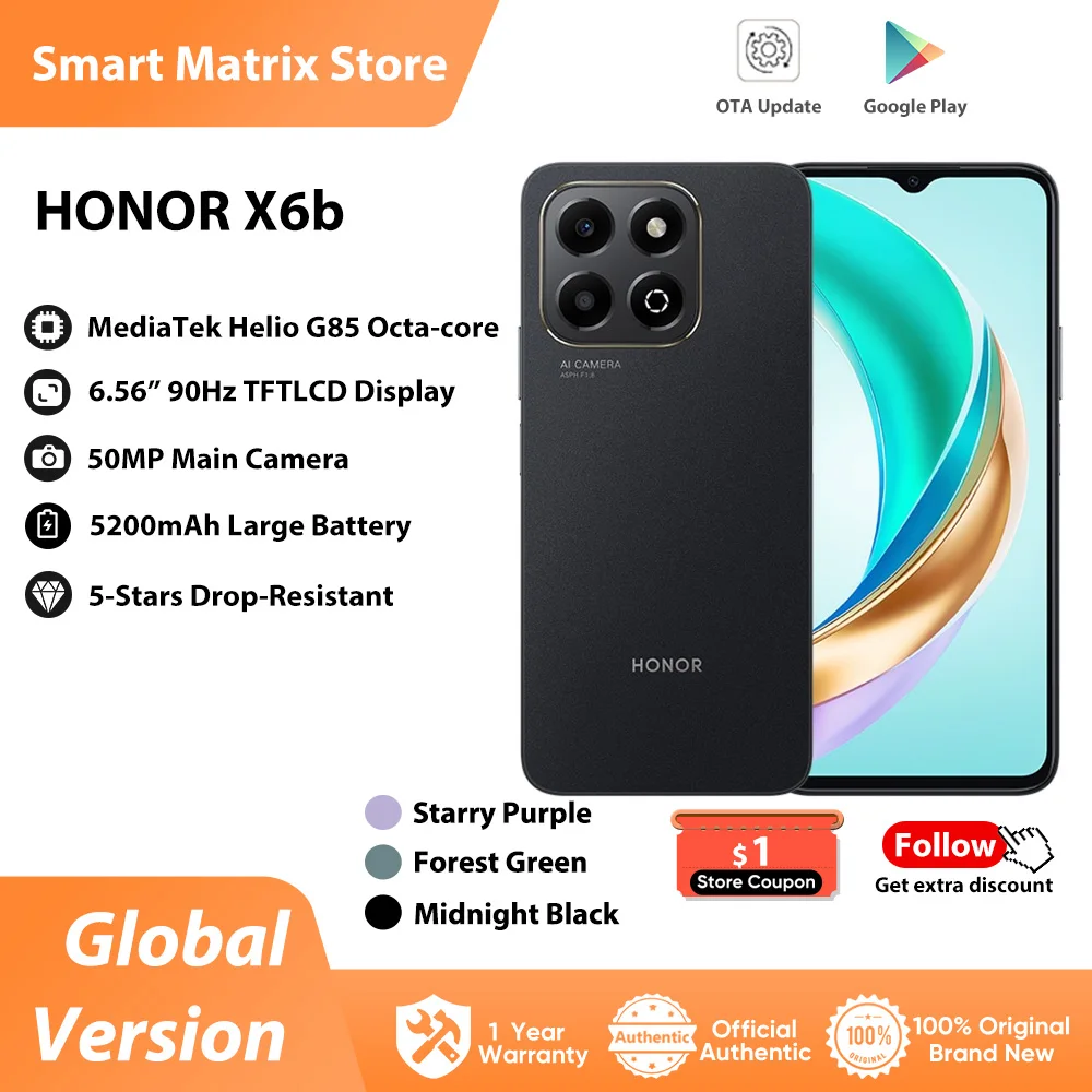 HONOR X6b Global Version 4G Smartphone Mediatek Helio G85 6.56 inches 90Hz TFT LCD Display 50MP Dual Camera 5200mAh Battery