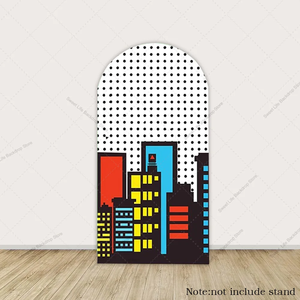 غطاء خلفية على شكل قوس بناء المدينة الكرتونية على الطراز الهزلي للأولاد وحفلات أعياد الميلاد وحفلات أعياد الميلاد وديكور خلفية الصورة
