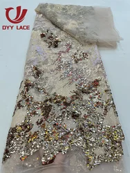 2023 African Latest Luxury Lace Fabric Sequins Embroidery Party Dresses Mesh Fabrics For Women Tulle Design Sewing 5 Yards