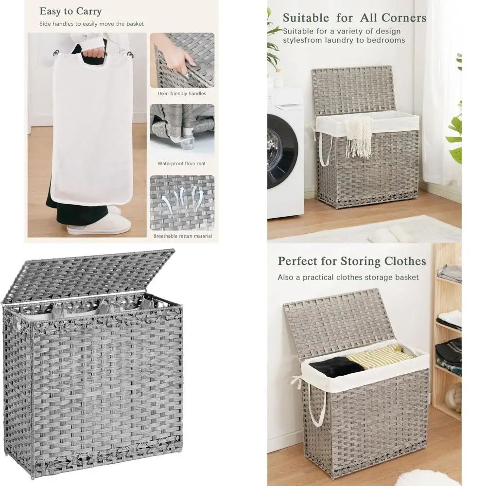 

Gray Wicker Laundry Hamper with Lid, 132L Capacity, 4 Removable Liner Bags & 6 Mesh Bags for Bedroom