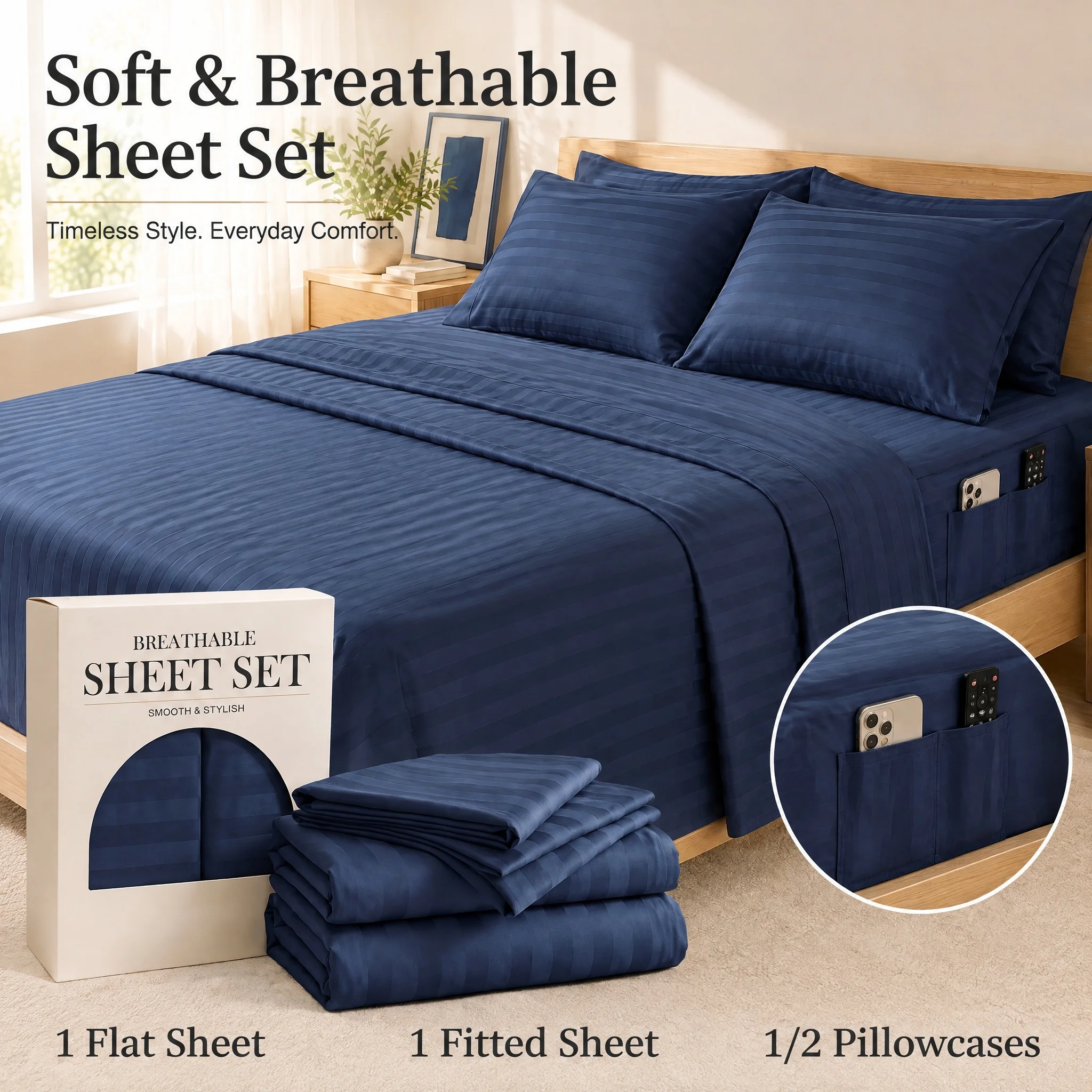 3/4Pcs Extra Deep Pocket Bed Sheet Set, Wrinkle Free Bedding with Fitted Sheet Flat Sheet Pillowcases, Holiday Gift for Bedroom Dorm Apartment, Random Color