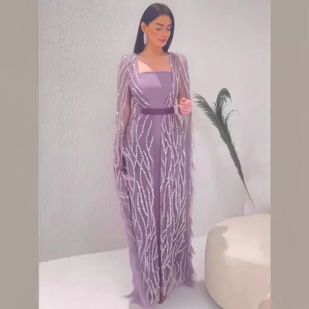 2024 New Luxury Feathers Evening Dresses with Cape Sleeves Arabic Women Wedding Party Gowns Formal Prom Dresses