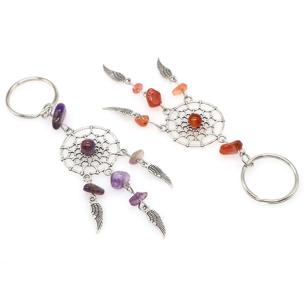 Bohemian Dreamcatcher Keyring Natural Crystal Gravel Chips Stones Wings Pendant Metal Feather Pendulum Keychain Handbag Ornament