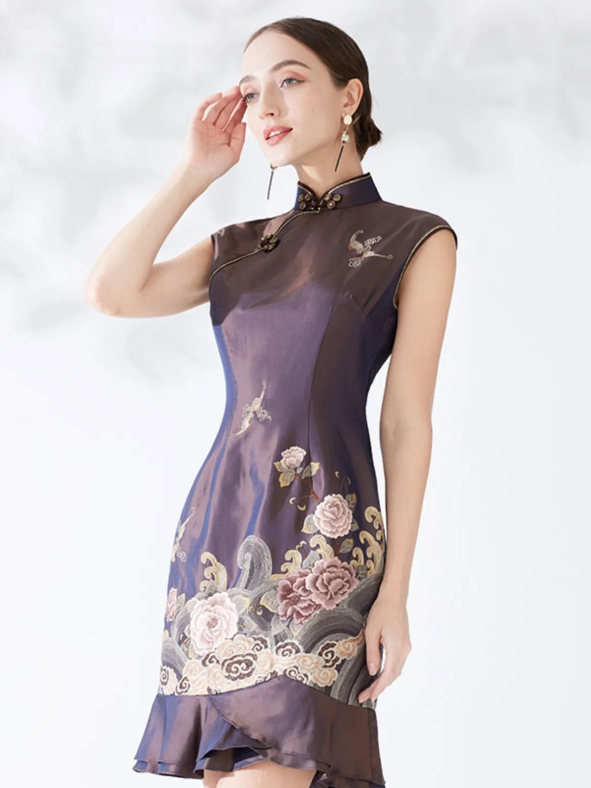 

Silk ort Sle Dr Embroidered Chinese Traditional Costume High Collar No Sve Floral Pattern for Women over 35