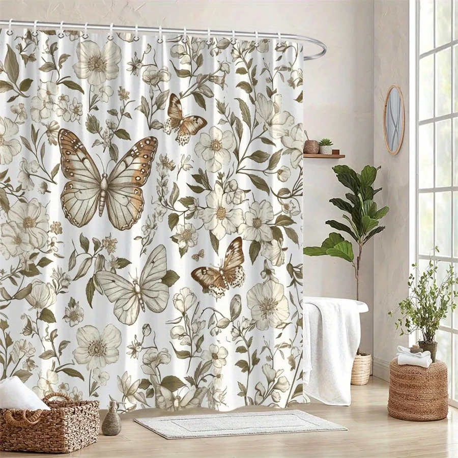 

1 винтажная занавеска для душа с ботанической бабочкой — элегантный коричневый, кремовый и белый цветочный узор, полиэфирная ткань с крючками