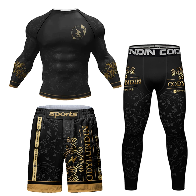 Men Tracksuit MMA Rashguard Jiu Jitsu T-shirt+Pants Sets Fitness Boxing Jerseys BJJ Muay Thai Shorts Gym Rash Guard Sportsuit