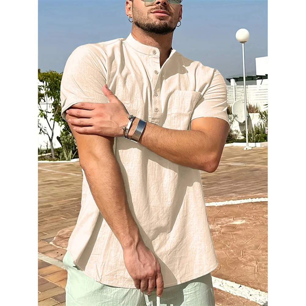 Sommer Heißer Verkauf männer T-shirt Baumwolle Leinen Henley Neck Casual Atmungsaktive Leichte Einfarbig Tasche Taste Tops – Detail 5