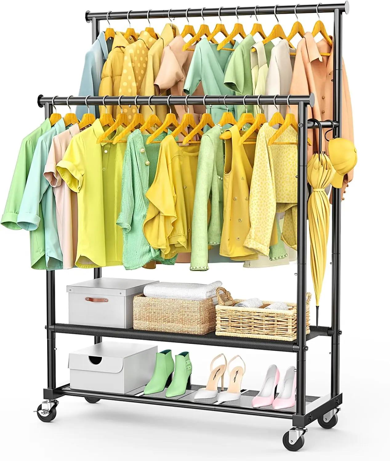 

Heavy Duty Rolling Clothes Rack with Double Rods, Wheels & Shelves for Bedroom Laundry Storage