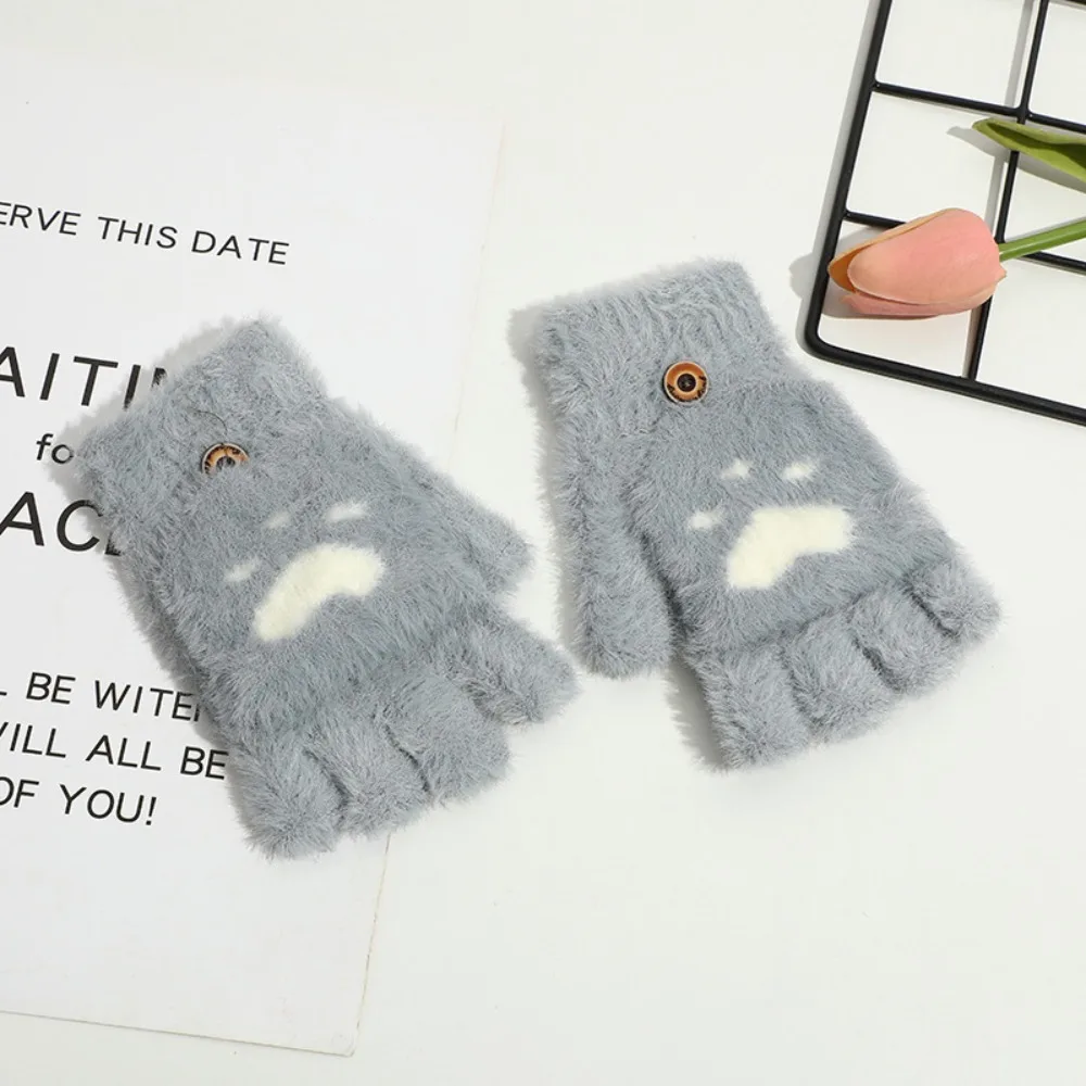 Fashion Cartoon Cat Paw Gloves Warm Fleece Soft Winter Gloves Fingerless Thicken Flip Knit Mittens Women Girls