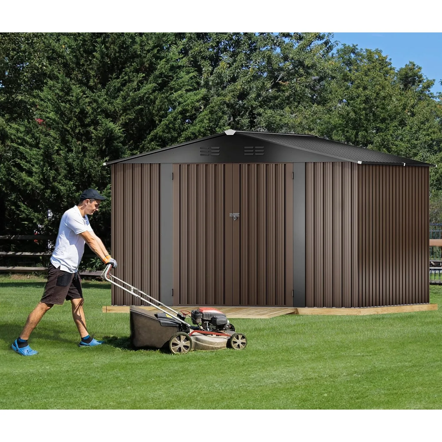 10x8 FT Outdoor Storage Shed - Spacious Garden Tool Shed with Lockable Door - Durable Metal Yard Shed for Garden, Patio (Brown)