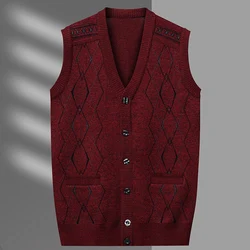 Men's Cardigan Vest Plaid Fashion Casual Knitted Sweater Warm V-neck Vest Sweater Tops