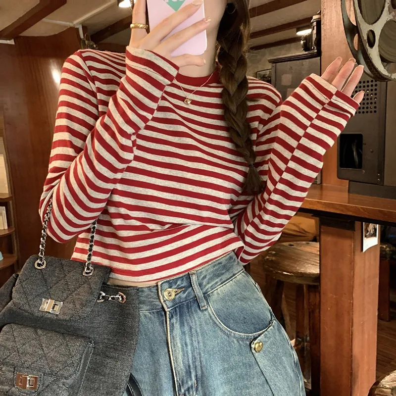 

2025 Autumn Women's Clothing New Color Stripes Long-Sleeved T-Shirt Casual Slim-Fitting Underwear Blouse Short Sleeve Top