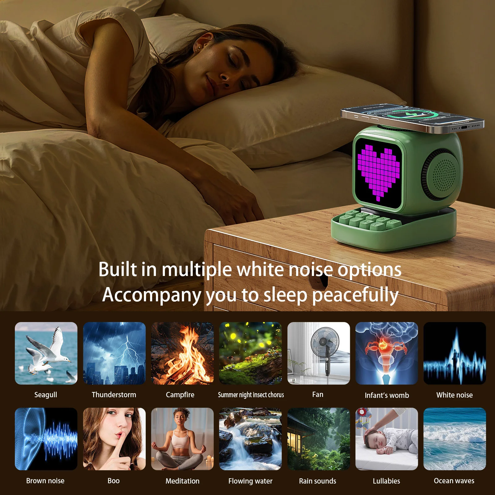 DIY Bluetooth Speaker Player LED Display White Noise Player Musical Rhythm with 15W Magnetic Wireless Charger & Dual Alarm Clock