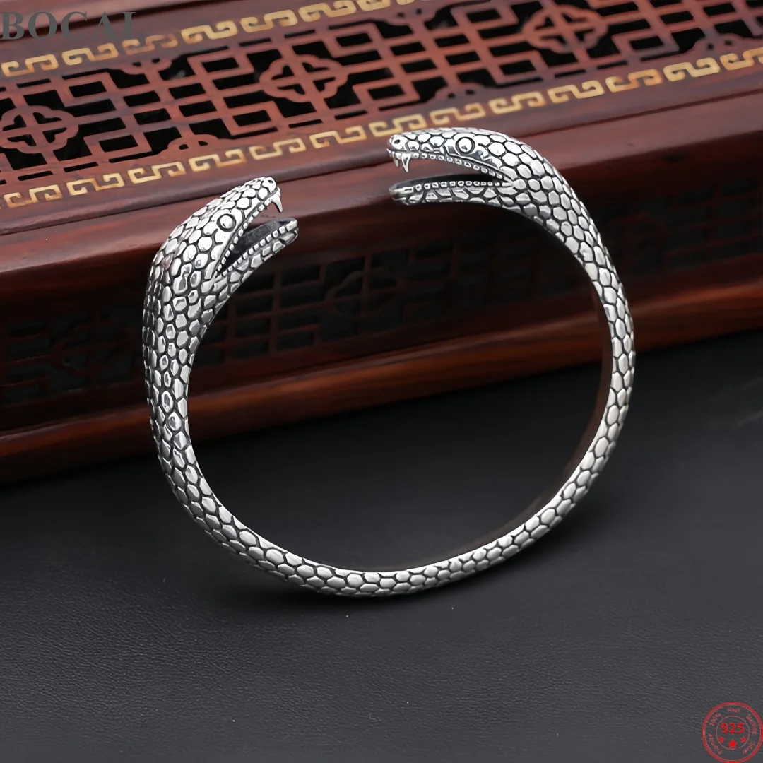 BOCAI New Real S925 Sterling Silver Charms Bracelets for Men Antique Double Snake Head Punk Fashion Bangle Fine Choice Jewelry