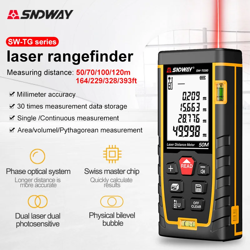 

SNDWAY Laser Distance Meter Red Light Laser Tape Digital Rangefinde Elecctronic Ruler Laser Tape Measure Roulette 50M70M100M120M