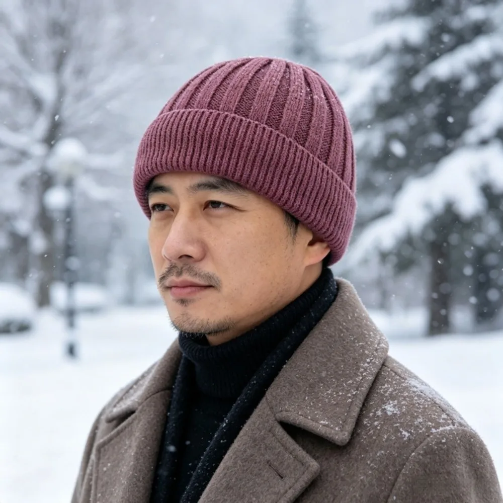 Ribbed Knit Knitted Beanie Hat Thick Warm Elastic Cuff Fleece Lined Beanie Ear Protection Solid Warm Skull Cap Outdoor Cycling