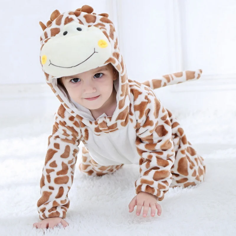 Winter Infant Giraffe Romper Baby Boys Girls Flannel Cartoon Animal Jumpsuit New Born Clothing Hooded Toddler Cute Baby Costume