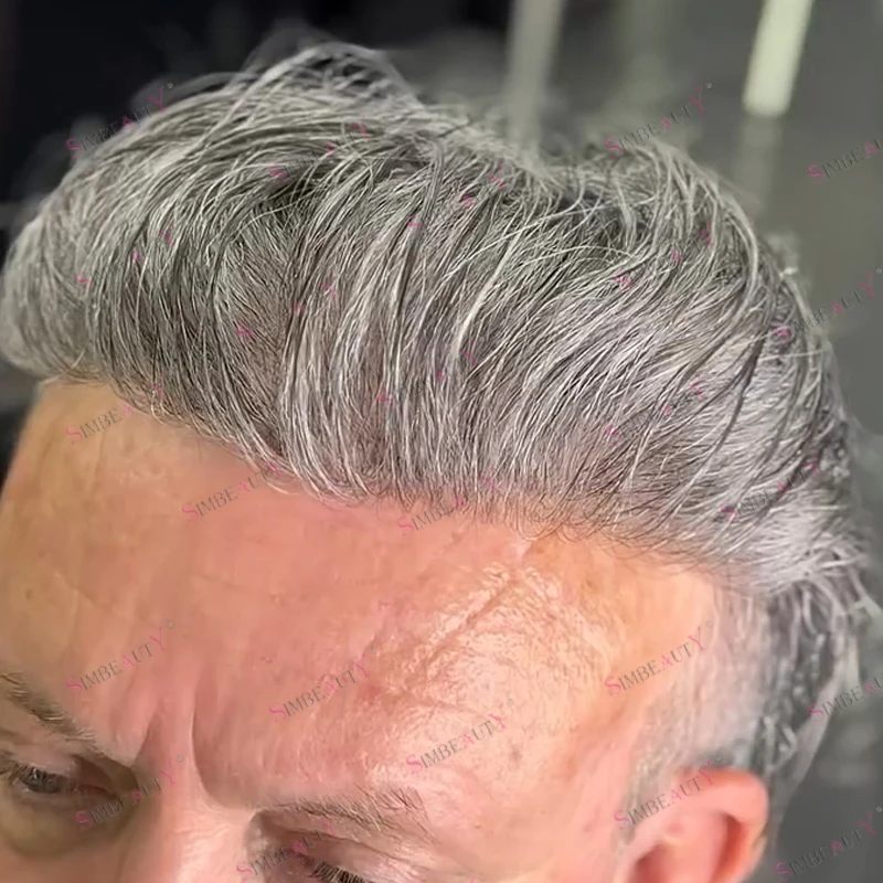 Old Men Grey Human Hair Natural Hairline Undetectable Poly Skin Silicon Base Toupee Comfortable 1B65 1B80 Durable Hair Patch Wig
