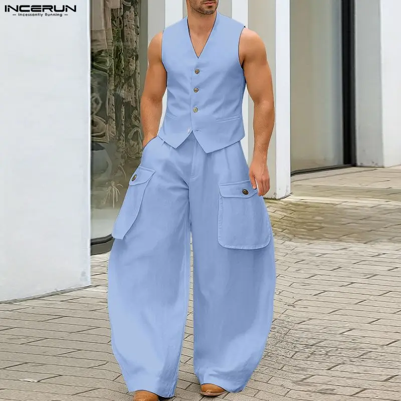 

INCERUN Men Sets Solid Color V Neck Sleeveless Vests & Wide Leg Pants Two Pieces Sets Streetwear Fashion Men Casual Suits S-5XL