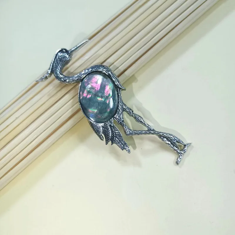 Inlaid shell crane pendant, dual-use, made of natural pink quartz, amethyst, agate, and abalone shell
