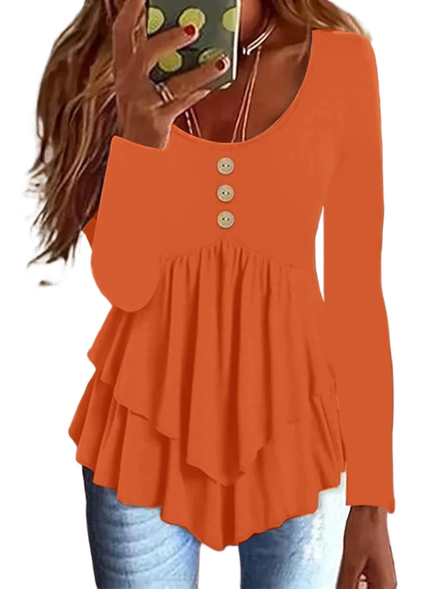 Women Autumn Casual Long Sleeve Tunic Tops Solid O Neck Pullover Blouses Elegant Irregular Hem Button Ruffle New 2026