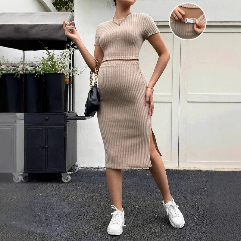 New Maternity Clothing Mid Length Slim Fit Adjustable Waist Short Sleeved Skirt Set Skirt for Women Pregnant Women Split Skirt