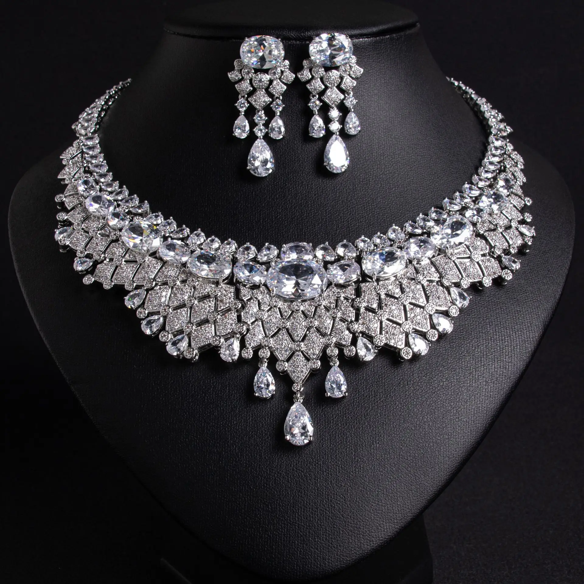 Brilliant Ripple Tassel Zirconia Confidence Women Necklace Earrings Jewellery Set Evening Bridal Wedding Dress Accessories M-291