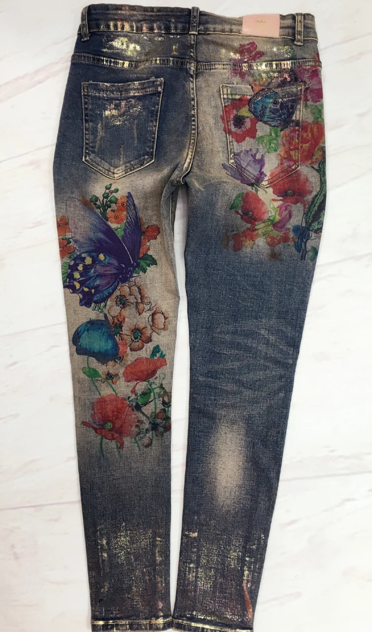 2023 spring autumn Pencil  Stretchy Jeans With 3D Flowers pattern Painted Elegant Denim Women skinny Jeans