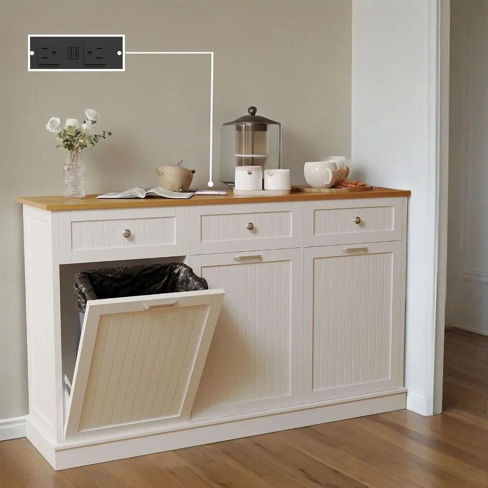 

"30G Tilt-Out Trash Cabinet - Wooden Hideaway Drawer, Freestanding Triple Recycling Bin on Wheels, Pet-Proof "