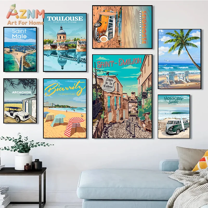 AZNM Vintage France City Scenery Travel Canvas Poster Frameless Wall Art Retro Toulous Marseille Coastal Landscape Print for Liv