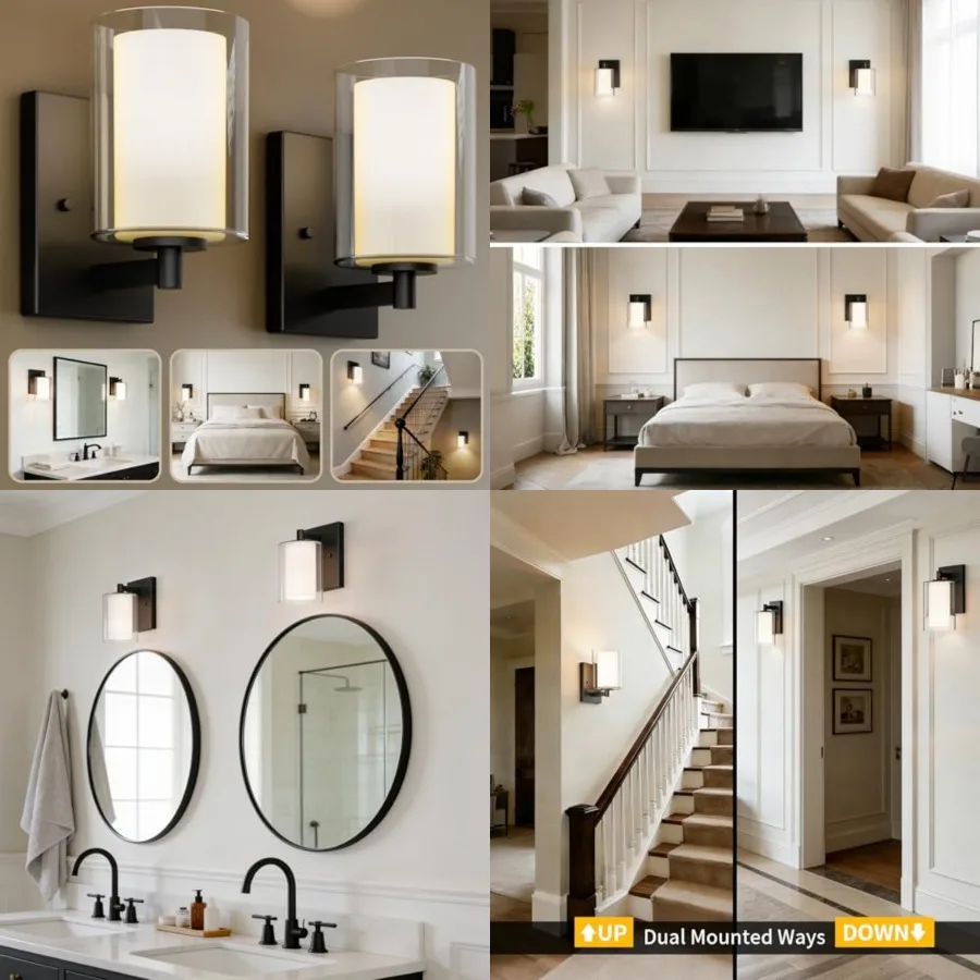 

Wall Sconces Set of Two, Modern Vanity Lights with Clear Shade Indoor Farmhouse Wall Lights for Bathroom Living Room Bedroom Mi