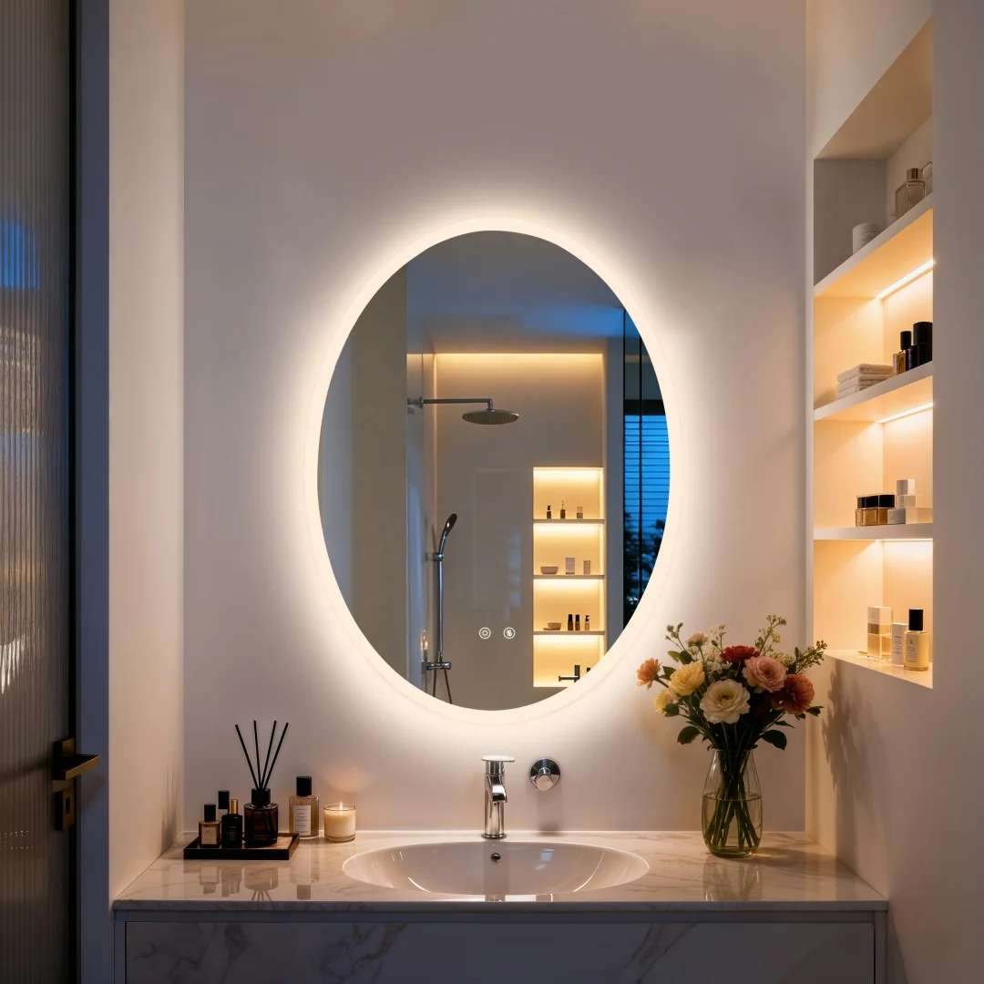Modern Oval LED Bathroom Mirror Dimmable Backlit Vanity Mirror with Touch Button Anti Fog Memory Function Wall Mounted
