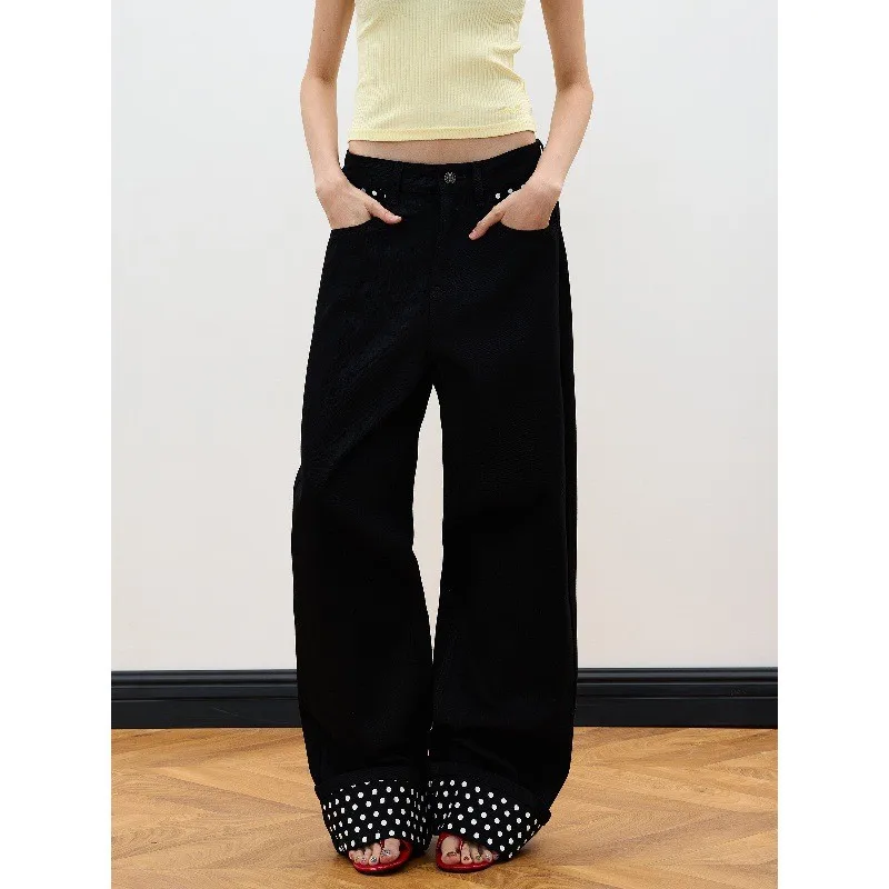 Black Straight Leg Jeans Retro American Retro Design Polka Dot Cuffed Pants Men Women Casual Comfortable Non Shrink PU