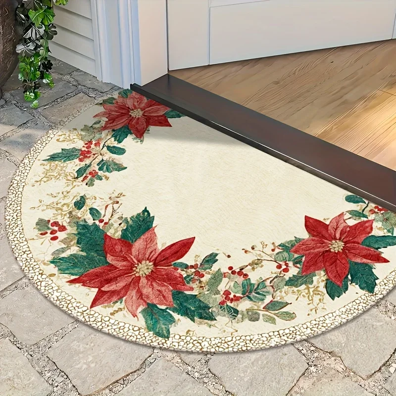 Luxury Christmas Poinsettia Semi Circle Doormat Vintage Holiday Wreath Rug Elegant Welcome Floor Mat For Entrance Home