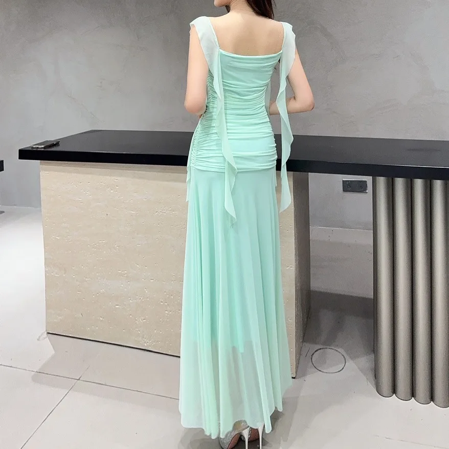 Sexy Crisscross Back Party Prom Vestidos Robe Elegant Sheer Mesh Pencil Dress Women's Ruched Panel Design Green Ribbon Dress