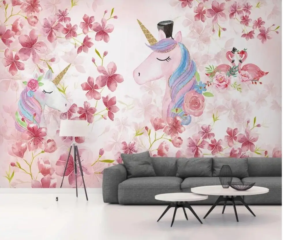 Customized cartoon animal wallpaper Flamingo Unicorn flowers children's room decoration background wall 3d wallpaper