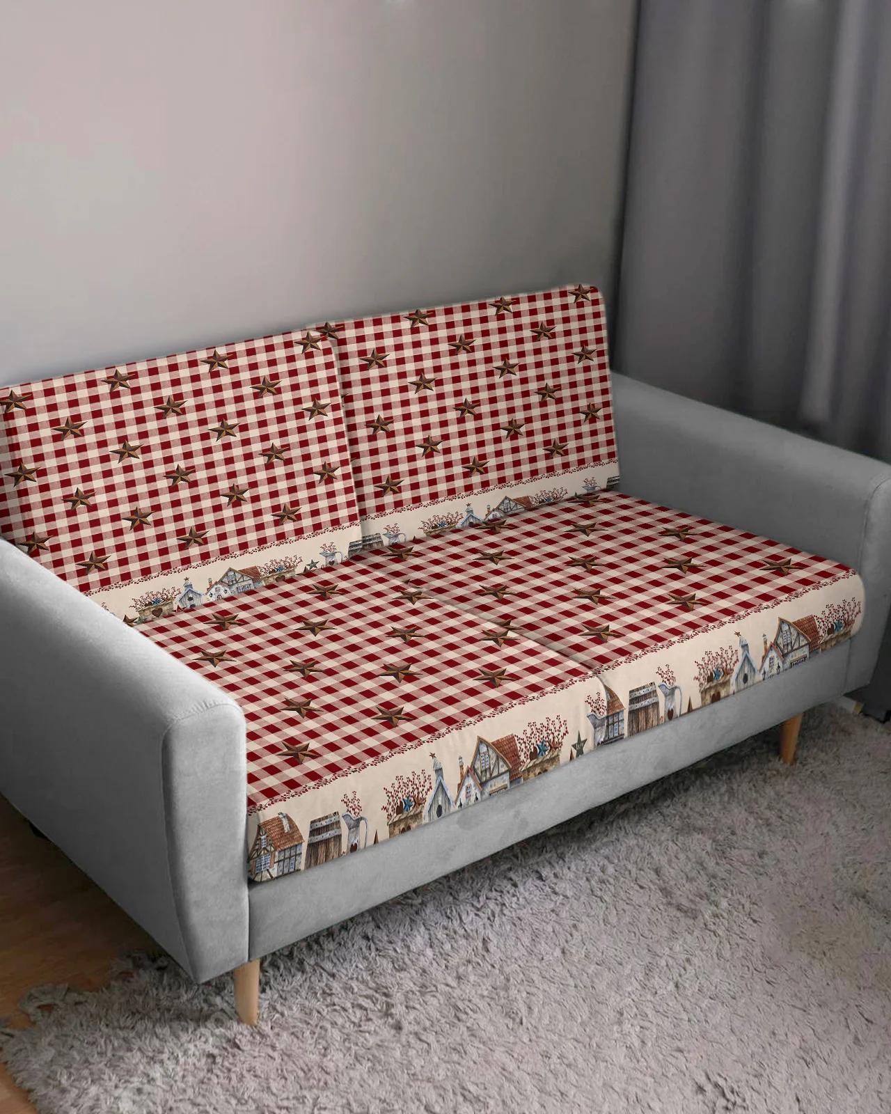 Country Star Berry Retro Red Plaid Sofa Seat Cushion Cover Furniture Protector Stretch Sofa Cover Elastic Sofa Slipcovers