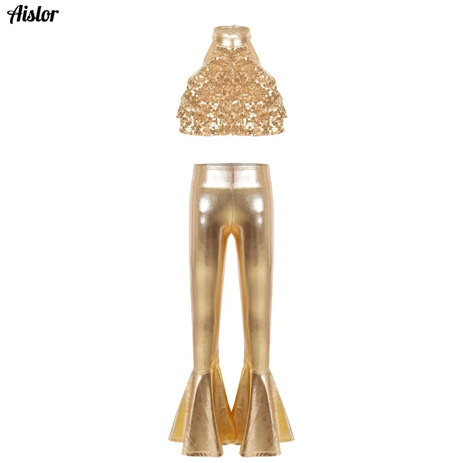 

Kids Girls Jazz Dance Outfit Mock Neck Cutout Back Shiny Sequins Backless Crop Top with Ruffle Hem Bell-bottom Metallic Pants