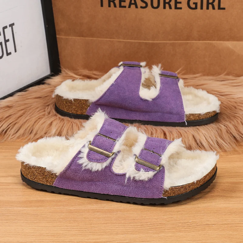 Winter Brand Men Plush Soft Slippers Women Double Buckle Warm Home Slipper Comfortable Flat Bottom Non Slip Unisex Footwear Shoe