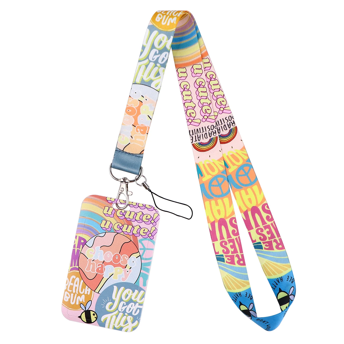 Rainbow Choose Happy Text Keychain Cute Work Name Card Holders Neck Strap Staff Lanyard For Keys Phone Accessories