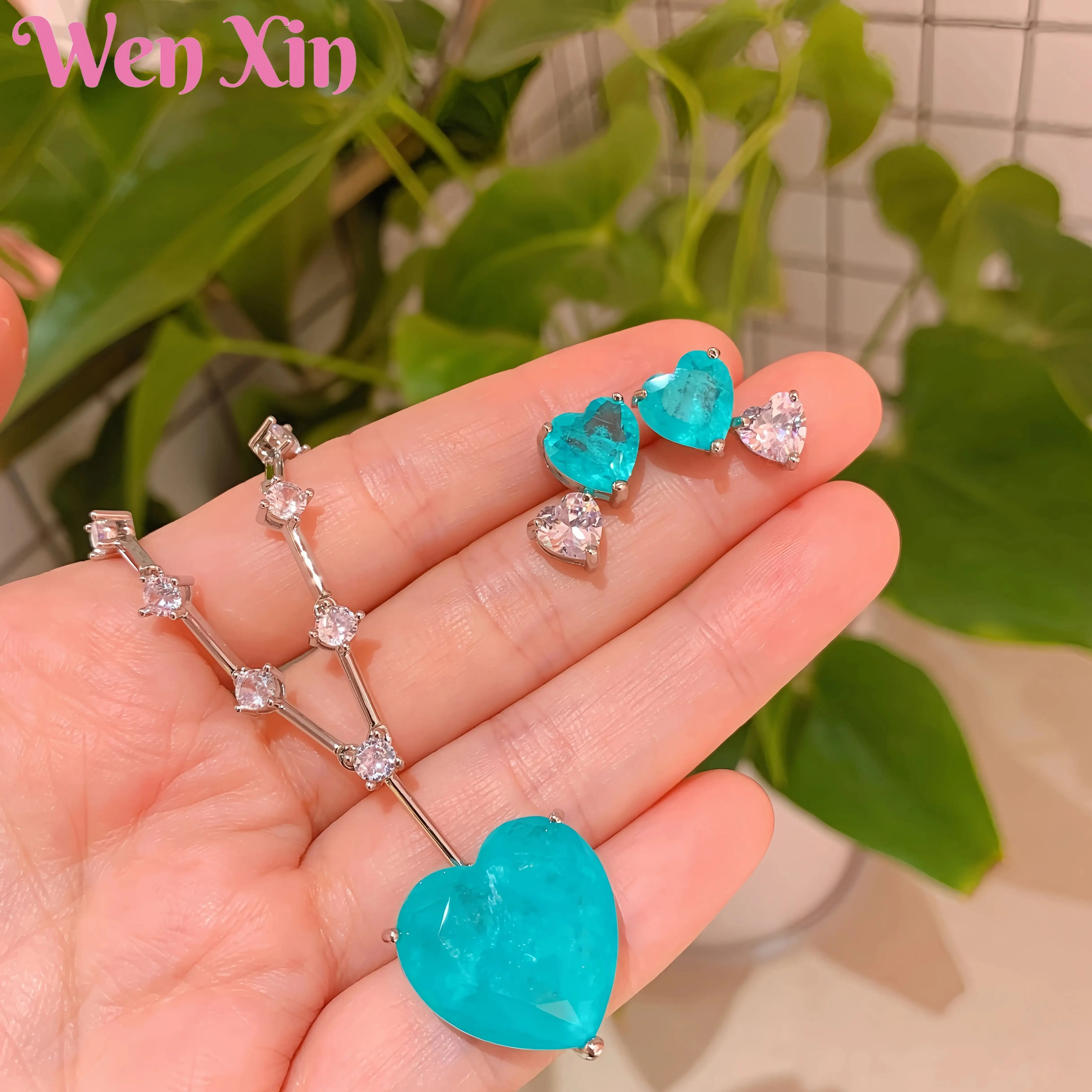 

WENXIN Brand MUSHAN MCT Top Grade Quality Simulation Paraiba Heart-Shaped Earrings Pendant Necklace Fashion Jewelry Accessories