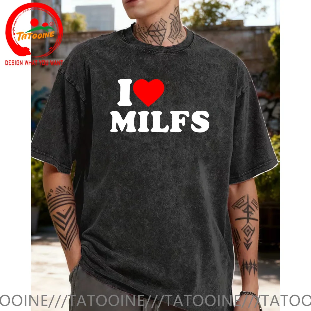 

Vintage Washed Cotton T-Shirt Funny I Love MILFs Heart T Shirt Women Men Fashion Trendy Casual Clothes Tee Shirt Hip Hop T-Shirt