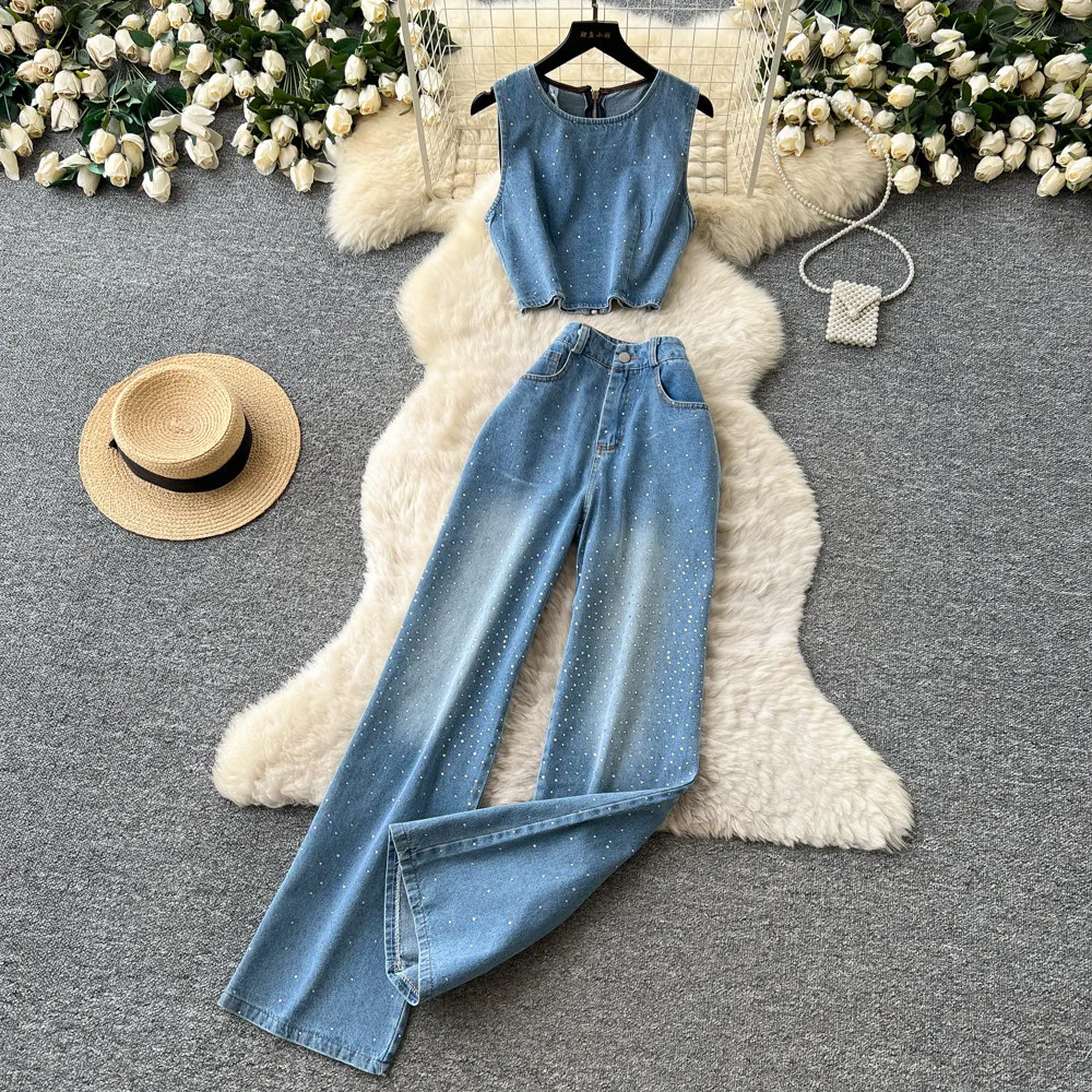 

Denim Pant Set Women Two Piece Sets Round Neck Sleeveless Vest Top Wide Leg Long Pants High Waist Y2k Streetwear Elegant 2026
