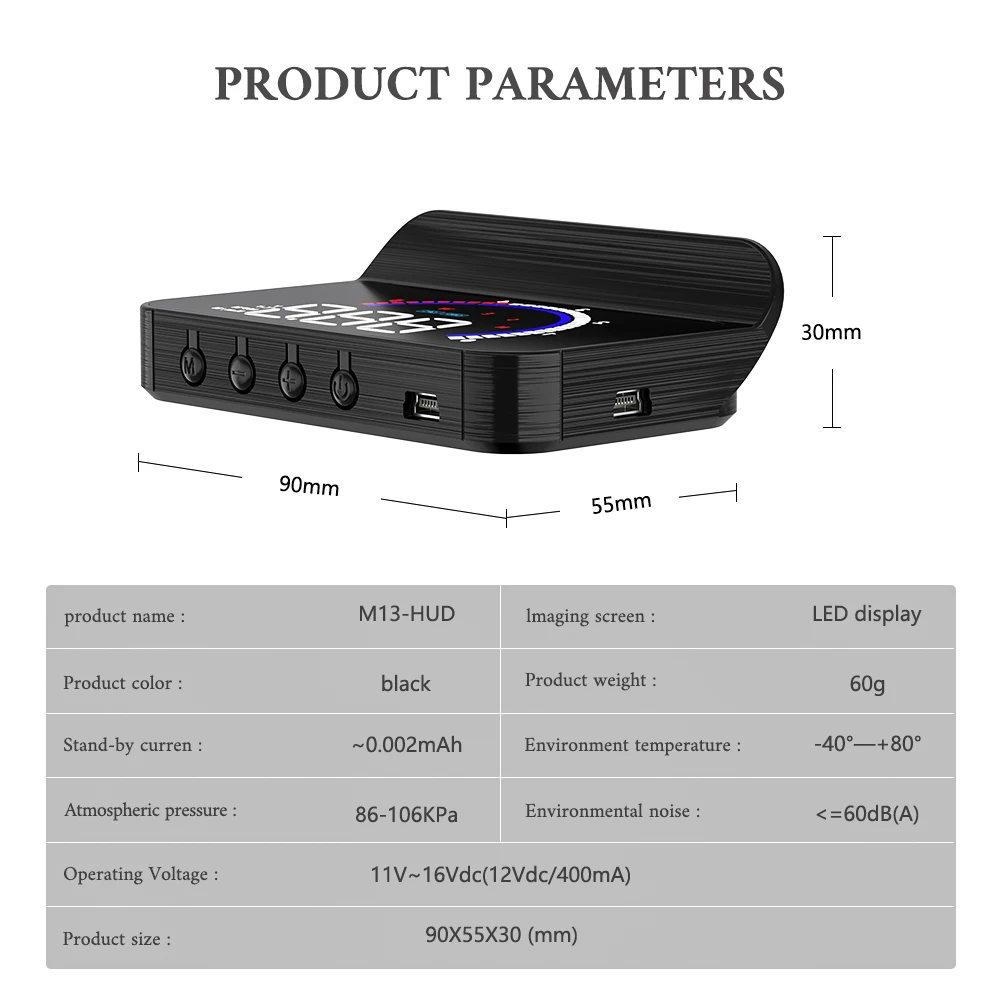 M13 Hud Windshield Projector Car Head up Display Digital Alarm Set Compass  Speed Meter Speedometer