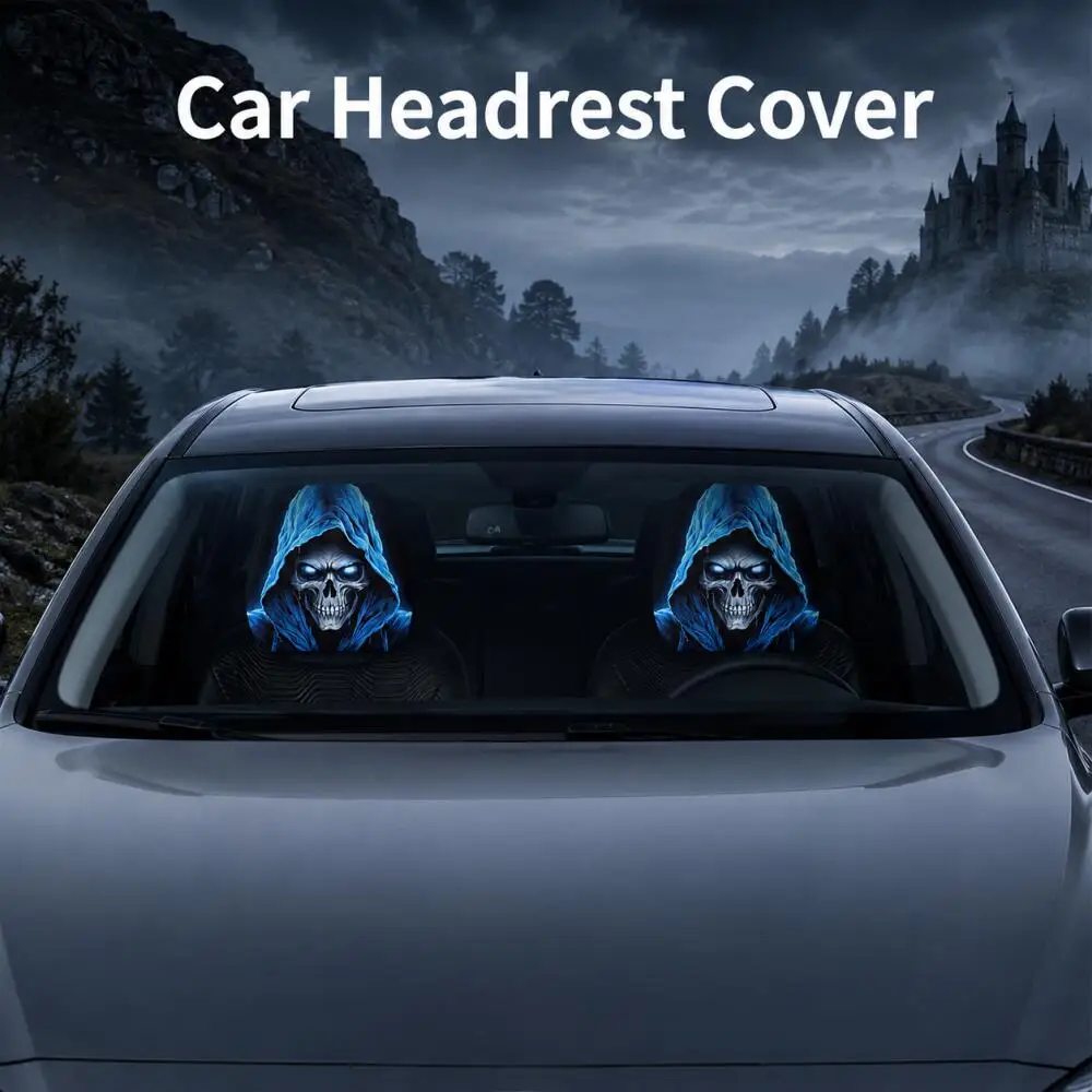 2 Stück Blau Leuchtende Totenkopf-Auto-Kopfstützenbezüge 2D Flacher Kapuzen-Jäger-Print Schwarzer Auto-Kopfstützenschutz Gothic Universelle Passform – Detail 4