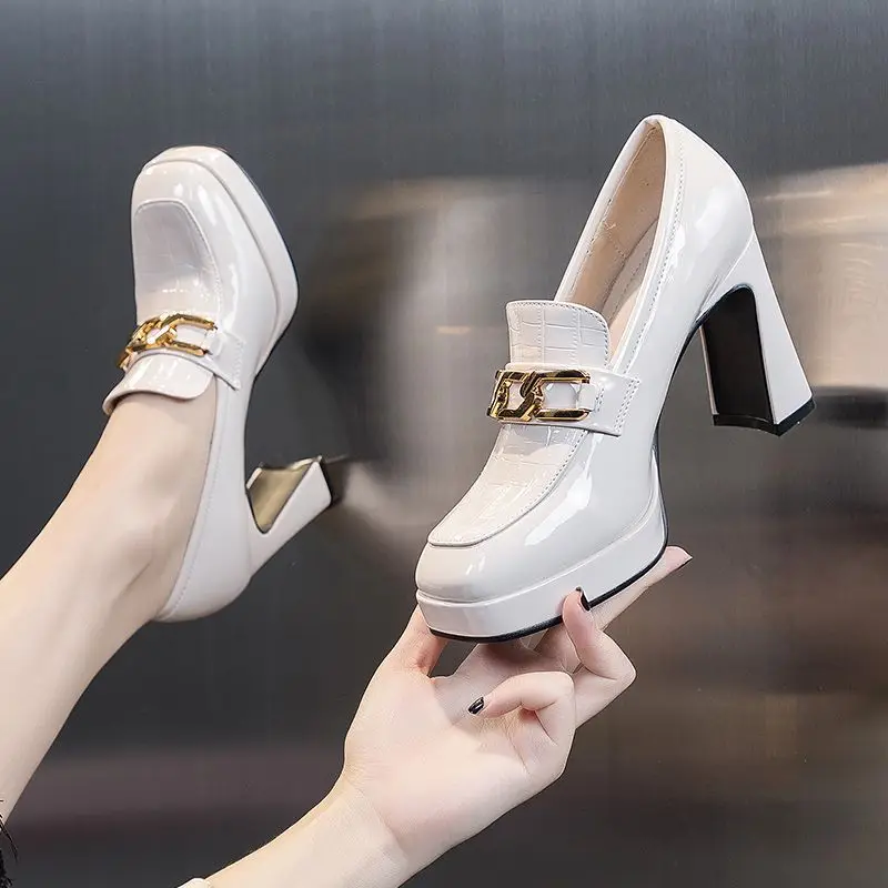 

British Style High Heels for Women Fashion Versatile Mesh Patent Leather Chunky Heel Waterproof Platform Breathable Single Shoes