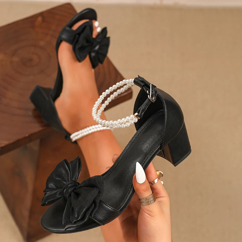Women's Summer Open toed Sandals Fashion Black Coarse Heel Sandals Elegant High Heels Butterfly Knot Pearl Sandals Strap Sandals