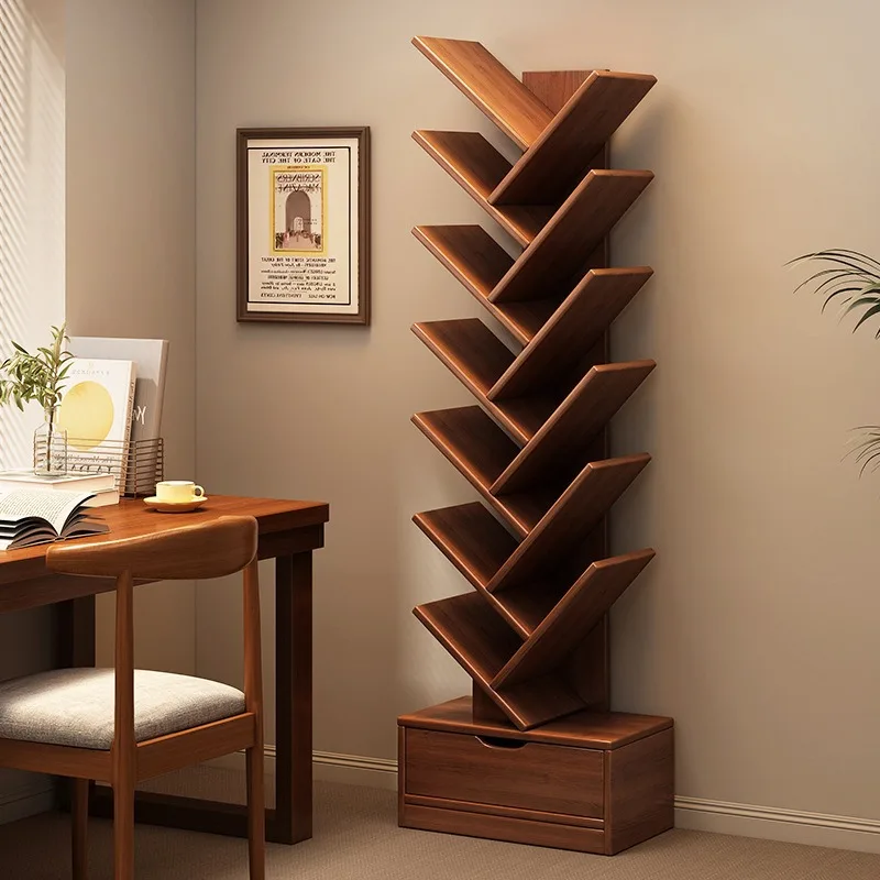Solid wood bookshelf creative tree-shaped floor shelf household living room storage rack corner bookcase storage cabinet