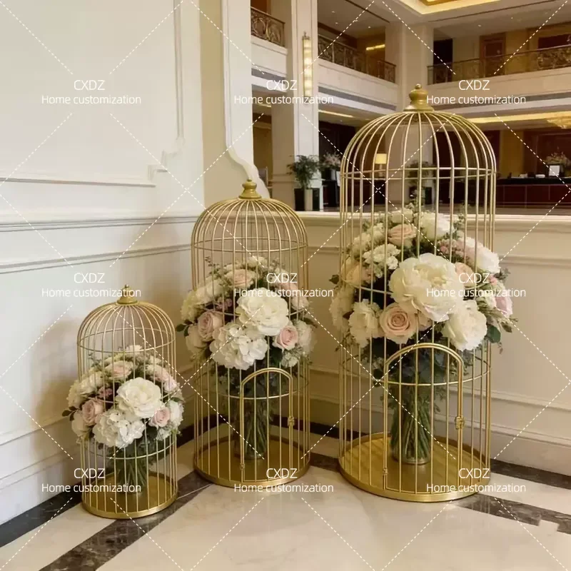 European Wrought Iron Bird Cage Black and White Floral Floor to Ceiling Large Birdcage Wedding Decoration Model House